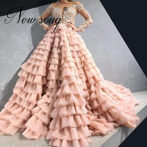 New Arrival Shiny Pink Beaded Prom Gown Dubai Arabic Tiered Long Evening Dresses 2020 Celebrity Dress Robe De Soiree Party Night