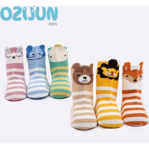 3 Pairs Baby Socks 1-3years Cute 3D Cartoon Anti-slip Socks Animal Cute Pattern Lion Fox Bear Elephant Hippo Colorful Stripe S/M