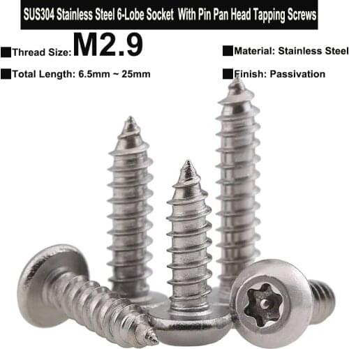 30Pcs M2.9x6.5mm~25mm SUS304 Stainless Steel Six-Lobe Socket With Pin Pan Head Anti-theft Safety Tapping Screws Type C