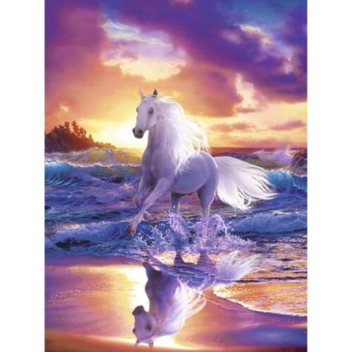 Diy Diamond Painting Cross Stitch White Horse Running By Sea Needlework 3D Diamond Embroidery Full Round Mosaic Decoration Resin