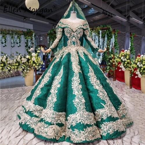 Glitter Dark Green Long Sleeves Ball Gowns Wedding Dresses with Veils 2020 Puffy Arabic Muslim Lace for Bridal Women