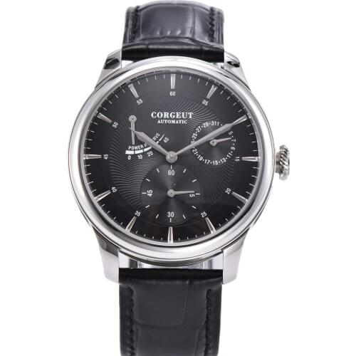 Corgeut Mens Watch Stainless Steel Power Reserve Watch Leather Automatic Mechanical Wristwatches