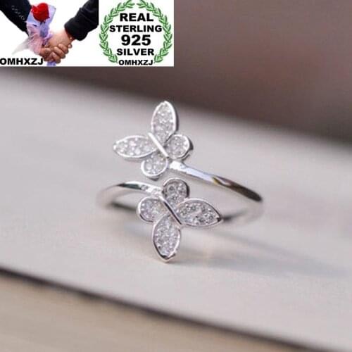 OMHXZJ Wholesale European Fashion Woman Girl Party Wedding Gift Silver White Butterfly AAA Zircon 925 Sterling Silver Ring RR230