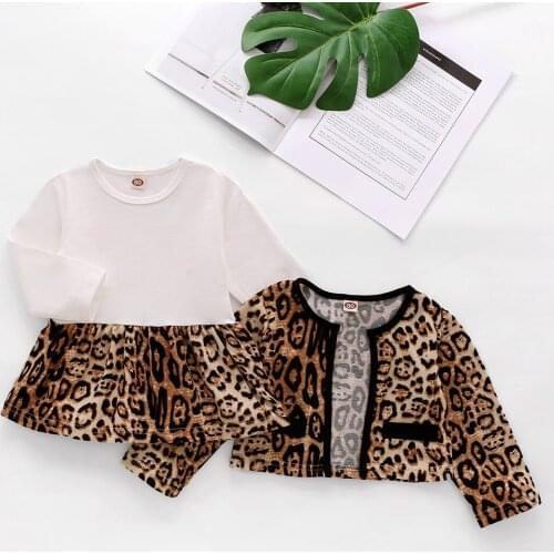 Lioraitiin Kids 2 Pcs Retro Style Leopard Print Dress Set Round Neck Long Sleeve Short One-piece Skirt Fashion Two Pocket