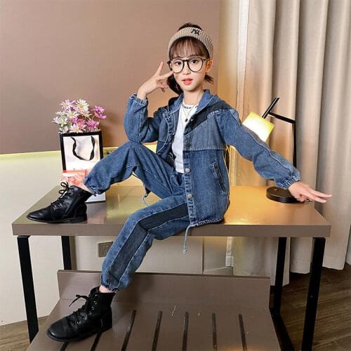 Fashion Girls Fall Outfits Hooded Coats & Jeans 2pcs Sets Child Boutique Clothing 10 12 Year Teen Clothes set Spring 2021