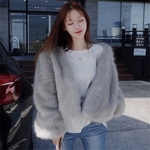 Korean fashion 2020 winter women grey v-neck short faux fur jackets soft casual female fake fur coats A283