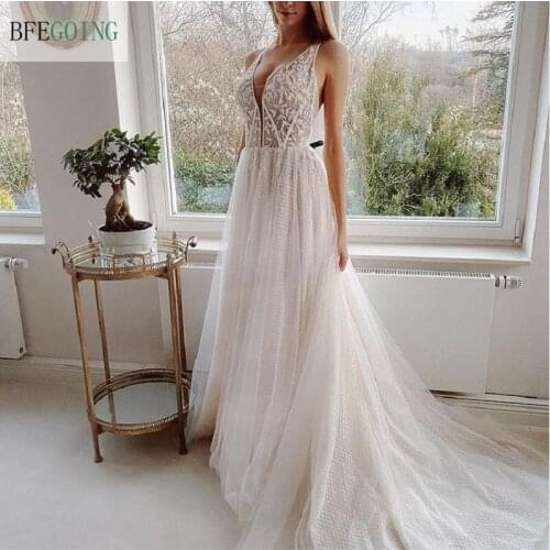 Ivory Lace Tulle Beading V-Neck Bridal Gowns Spaghetti Straps Floor-Length A-Line Wedding Dress Chapel Train