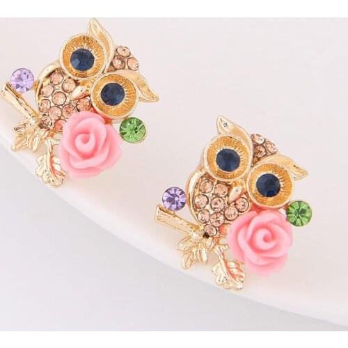 Trendy Jewelry Enamel Glaze Copper Cute Golden Owl Rose Flowers Gem Women Stud Earrings New Fashion