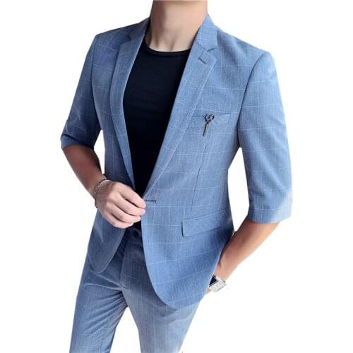 Mens Plaid Suits 2 Pieces Set Fashion Wedding Dress Groom Business Casual Formal Slim Fit Blazers Jacket Coat Trousers Pants