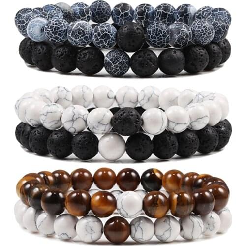 Set Bracelet Couples Distance Black White Natural Lava Stone Tiger Eye Beaded Yoga Bracelets for Men Women Elastic Rope Jewelry