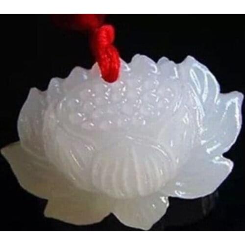 Natural hand-carved Chinese jades pendant - White jades lotus pendant necklace