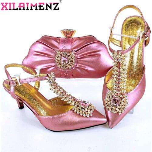 Latest High Quality Mature Women Shoes Matching Evening Bag in Pink Color Slingbacks Sandals with Shinning Crystal for Party
