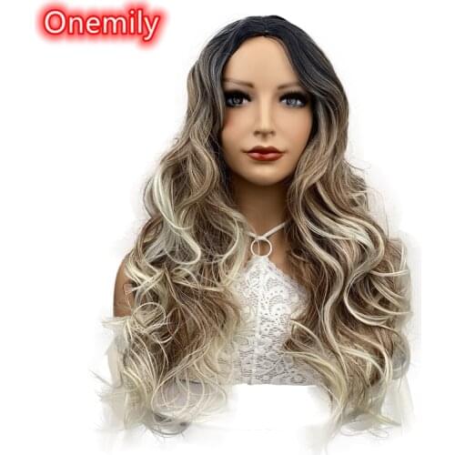 Onemily Long Wavy Heat Resistant Synthetic Ombre Wigs for Women Girls with Bangs Theme Party Out Fun Brown Blonde with Dark Root