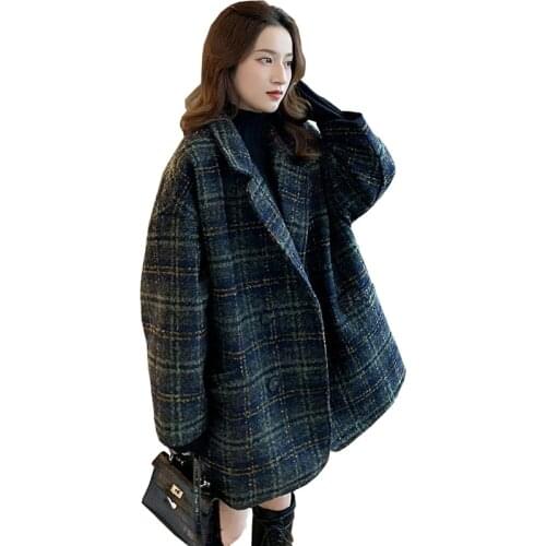 Fashion plaid blazer women autumn winter woolen coat Loose double breasted crude woolen outerwear plus cotton suit jacket 3103