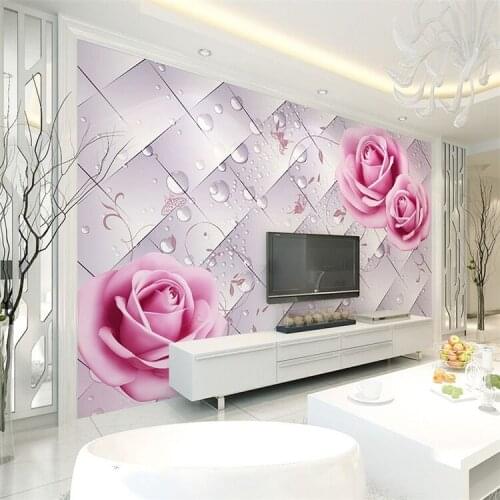 Simple fresh water droplets pink roses living room sofa TV background wall paper bedroom wallpaper mural 3d