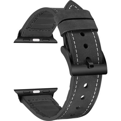 Genuine Leather and Rubber Hybrid Straps for Apple Watch 44mm 42mm Black Pink Compatible for Series Bands 38mm 40mm Sweat Proof