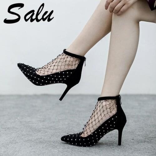 Salu Suede Leather Boots Women Summer Ankle Fashion High Heels Ladies Shoes Round Toe Stitching Zipper Mesh Footwear 2020