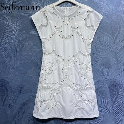 Seifrmann New 2021 Summer Women Fashion Designer Party Mini Dress Sleeveless Gorgeous Crystal White Print Elegant A-Line Dresses