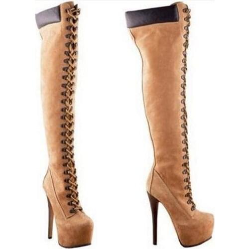 Sestito Woman Sexy Thick Platform Round Toe Motorcycle Boots Lady Mixed Color Lace-up Over-the-knee Boots Girls Super High Heels