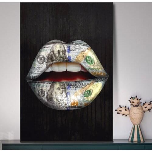 Money on Mouth Inspirational Canvas Art Posters And Prints Lips Graffiti Art Canvas Paintings On the Wall Street Art Pictures
