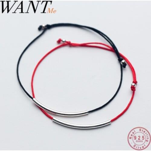 WANTME Real 925 Sterling Silver Long Curved Tube Bead Bracelet Red Black Rope Tibetan Buddhist Budda Love Lucky Women Bangle