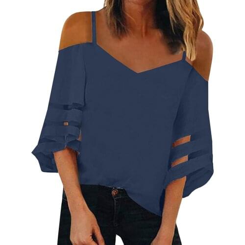 Off Shoulder Womens Blouse V Neck Mesh Panel Blouse 3/4 Bell Sleeve Dew Shoulder Casual Tops Blouse Shirt Elegent Top Women