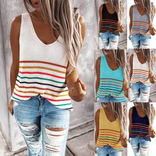 2021 Women Summer Loose Casual Sexy V Neck Striped Female Knitted Tees Top Pullover Vintage Sleeveless Girls Streetwear Vest