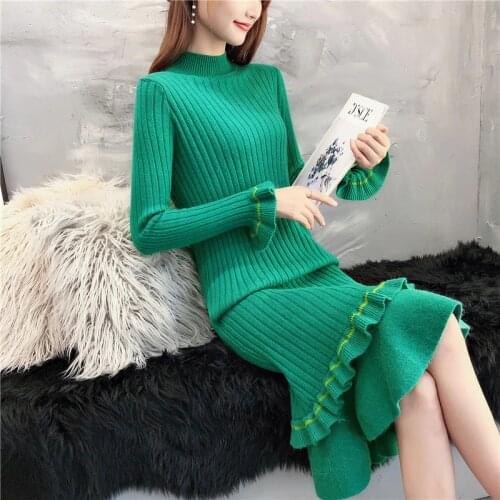 Women Knitted Dresses New Autumn Winter Warm Long Sleeve Half Turtleneck Sweater Dresses Slim Ruffle Pull Knit Dress Vestidos