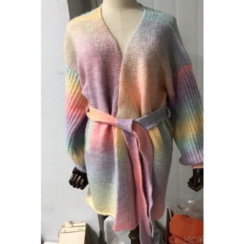 2020 New Wool Jacket Gradient Rainbow Striped Cardigan Knit Women Lantern Sleeve Tunic Belted Cardigan Coat Gardigan pull femme