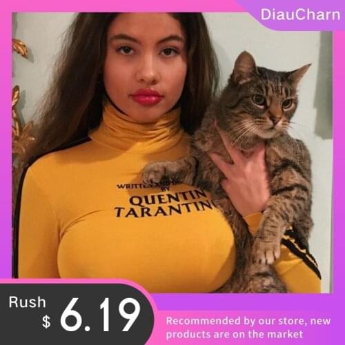 2021 Fashion Quentin Tarantino Sexy Crop Tops Women Side Stripe Long Sleeve Turtleneck Cotton Knitted Short tshirt Lady