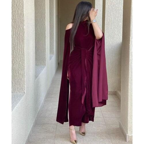 Vintage Long Sleeve Velvet Evening Dresses with Belt High Neck Ankle Length Zipper Back Pleat Arabic Formal Party Gown for Women