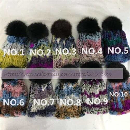 1 PCS Multicolor Fur Hat Real Rex Rabbit Fur Knitted Hat W Soft Fox Fur Pom Ball Warm Winter Hat Warmer For Love
