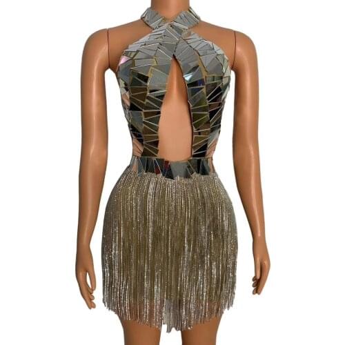 Sparkly Silver Mirrors Crystals Fringes Dress Dance Costume Women Rhinestones Chains Sexy Dress Prom Birthday Celebrate Outfit