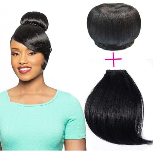 Synthetic Fake Hair Bun And Bang Heat Resistant Braid Chignon HairPiece Donut Ponytail Wig For Women Clip in Hair Extension