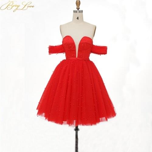Short Red Prom Dress Knee Length Gown Puffy Skirt Pearls Beads Lace Up Formal Evening Party Gown A Line Off Shoulder Side Sleeve
