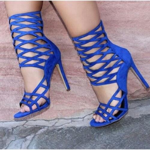 Moraima Snc Womens Royal Blue Open Toe Stiletto Heels Strappy Sandals Summer Sexy Thin Heels Gladiator Shoes Woman Cutouts Shoe