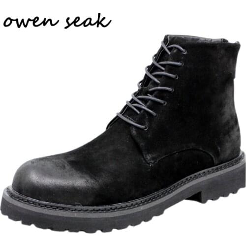 Owen Seak Men Riding Boots Genuine Leather High-TOP Ankle Heighten Luxury Trainers Casual Street Flats Autumn Winter Shoes