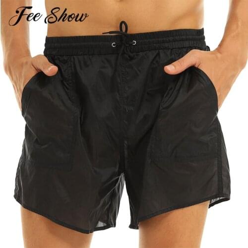 Mens Casual Pure Color Beach Swimming Shorts See-Through Drawstring Quick Dry Board Shorts Swim Trunks with Built-in Mesh Briefs