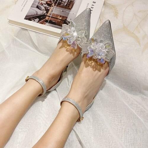 New Crystal Bow Pointed Bride Wedding Shoes with Fine Heels Sandals Women