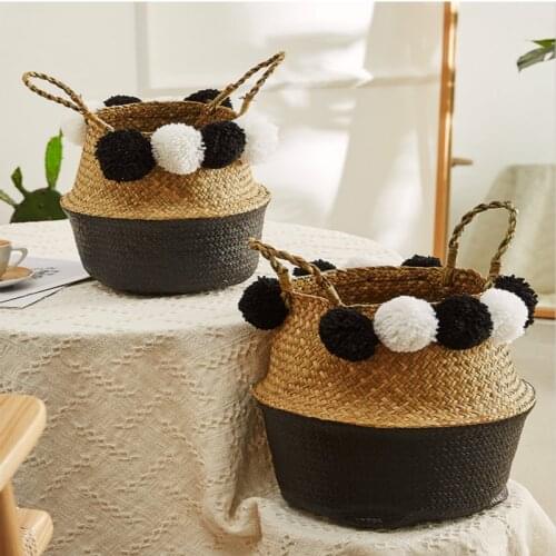 Handmade Wicker Storage Baskets Foldable Laundry Straw Patchwork Rattan Seagrass Belly Garden Flower Pot Planter Basket