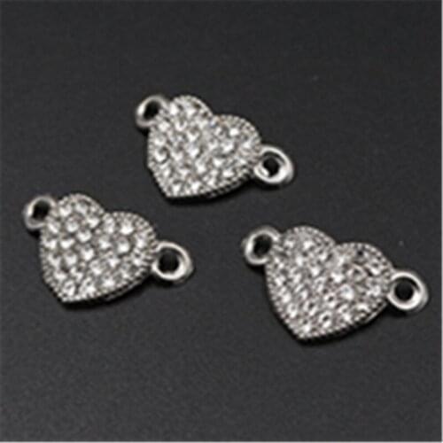10pcs Silver Plated Handmade Rhinestone Heart-shaped Pendant Fashion Bracelet Clavicle Chain Connector DIY Jewelry Accessories