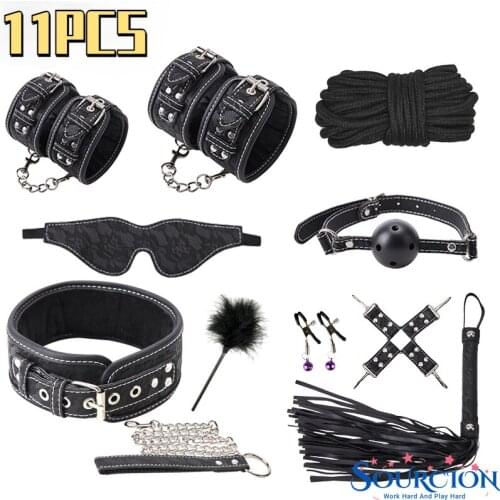 Print 10pcs / set Sex Products Erotic Adult Toys BDSM Sex Bondage Set Handcuff Nipples Clamps Gag Whip Rope Sex Toys for Couples