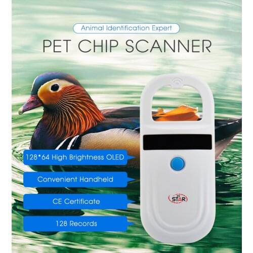 Design New Arrival Cheap rfid pet scanner 134.2KHz FDX-B EMID Portable animal tag chip reader for Cat Dog with OLED Display