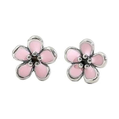 High Quality Pink&White Enamel Cherry Blossom Design 100% Guarantee S925 Sterling Silver Flower Earring Stud