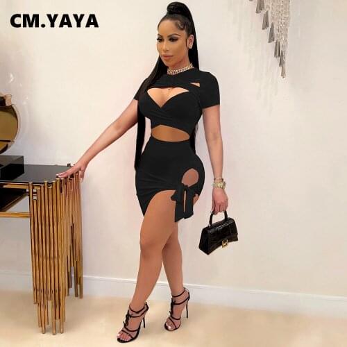 CM.YAYA Beach Sexy Party Women Two 2 Piece Set Outfits Cut Out Crop Tops and Tie Up Slit Midi Mini Skirts Matching Set 5 Colors