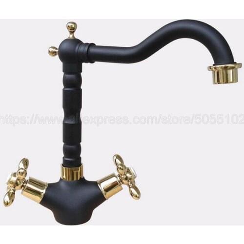 Basin Faucets Black Gold Color Brass Bathroom Sink Faucet Double Cross Handle Bath kitchen Mixer Hot and Cold Tap znf808