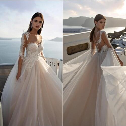 2020 Lace Wedding Dresses Long Sleeve Appliques Feather Bridal Gowns Button Back Sweep Train A Line Wedding Dress