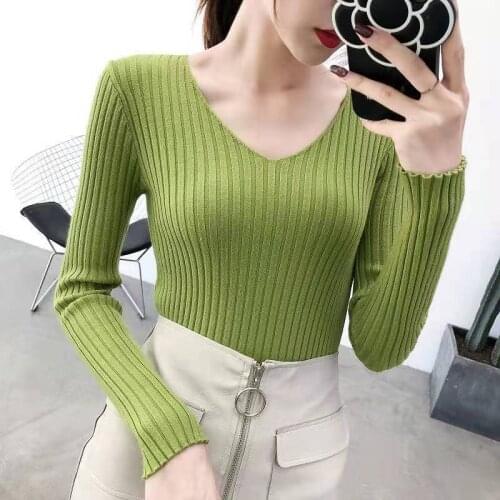 Spring Autumn Sweater Women Casual Slim V-Neck Bottoming Sweaters Solid Color Winter Basic Tops Wild Long Sleeve Pullover Top