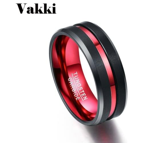VAKKI Mens 8MM Black and Red Tungsten Carbide Ring Matte Finish Beveled Edges Size 7 to 16 hot sell