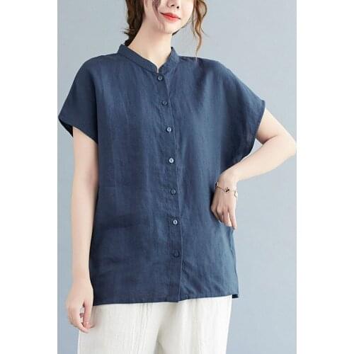 Women Summer Cotton Linen Casual Shirts New 2021 Vintage Style Solid Color Loose Comfortable Female Short Sleeve Tops B470